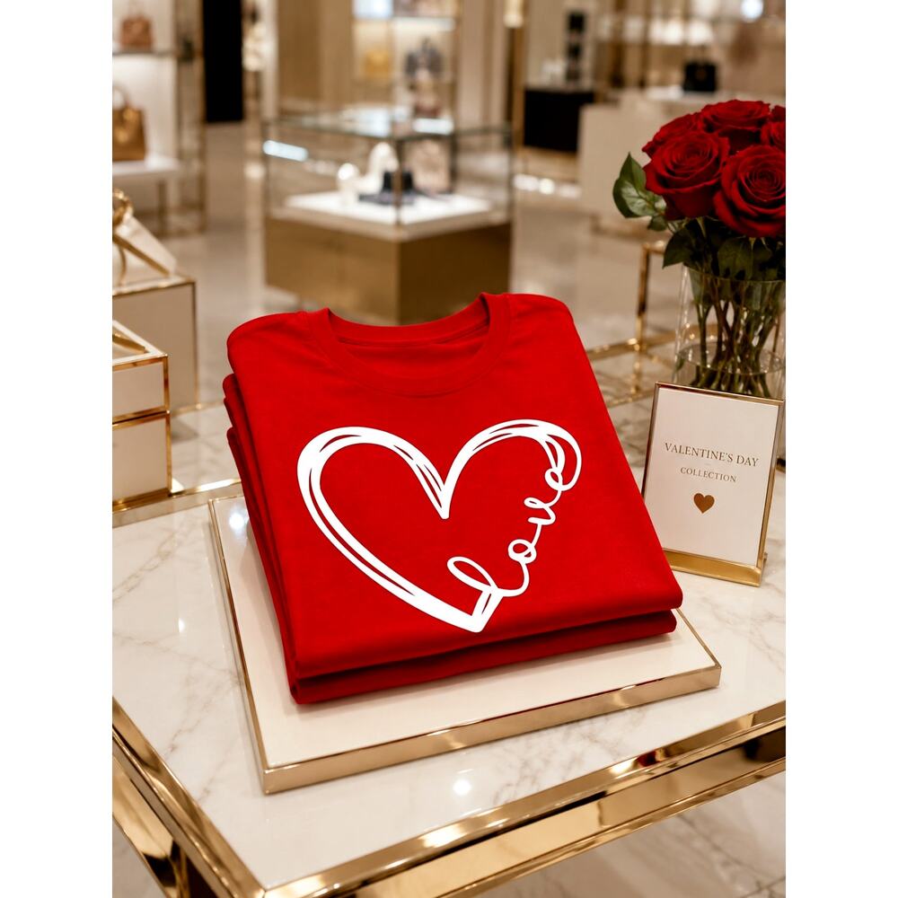 Red Love Heart Graphic T Shirt Valentines Day 100% Cotton size 10